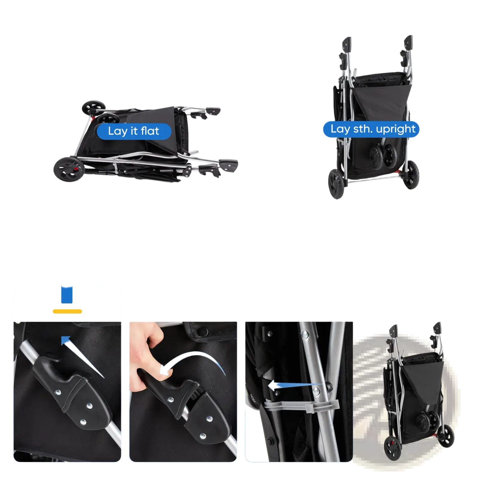 Black pet stroller with black fabric, silver metal frame, swivel wheels, and cushion for comfortable pet transport