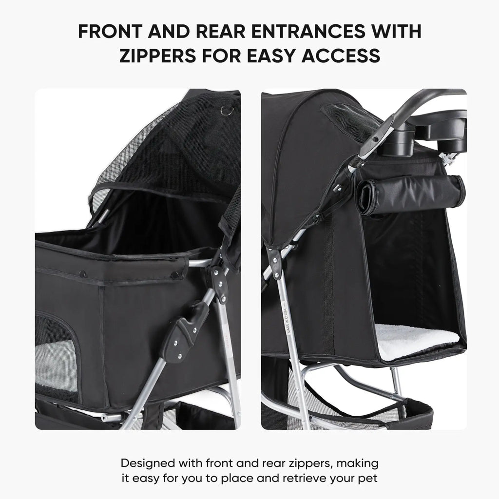 Black pet stroller with swivel wheels cushion mesh sides and silver metal frame showing the back side