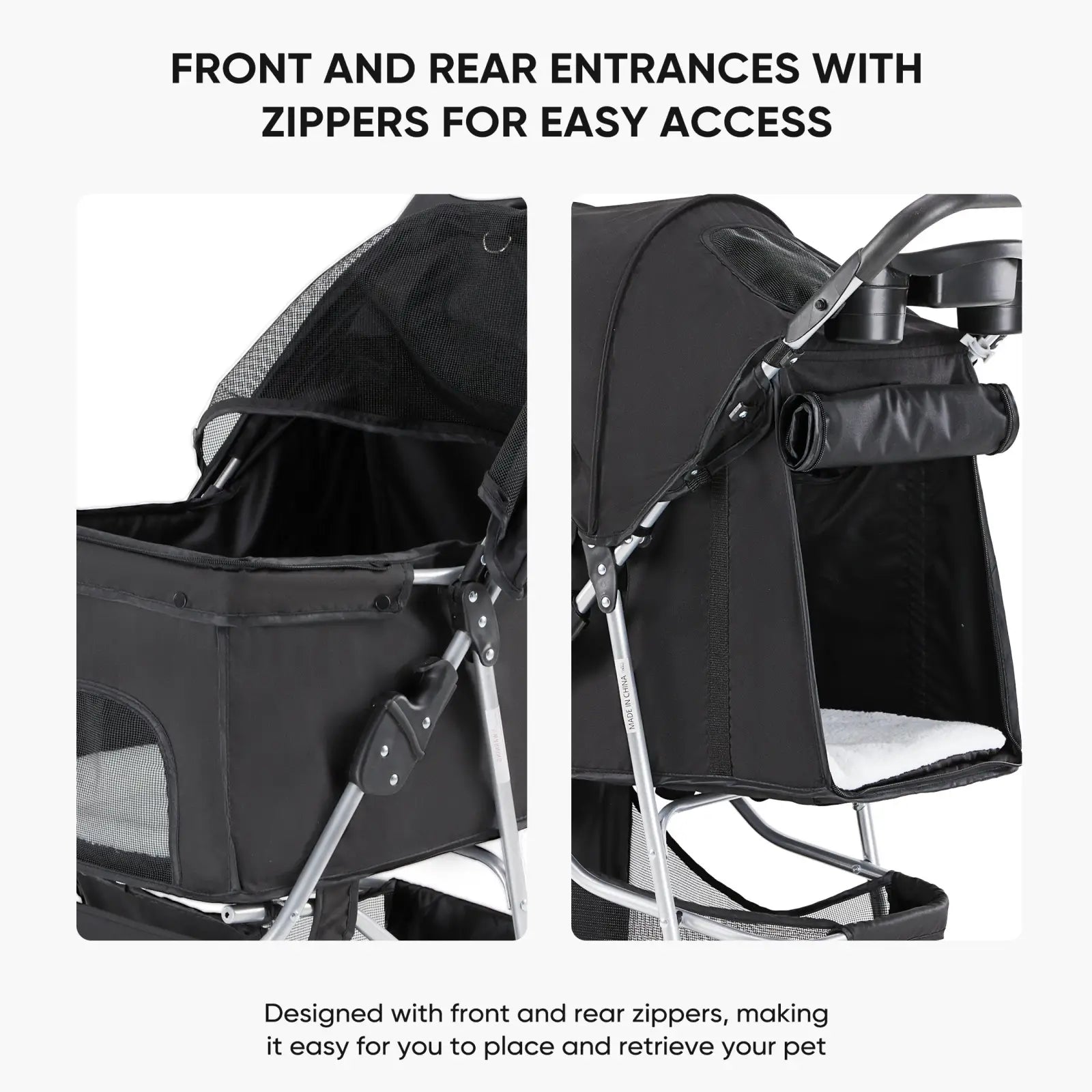 Black pet stroller with swivel wheels cushion mesh sides and silver metal frame showing the back side