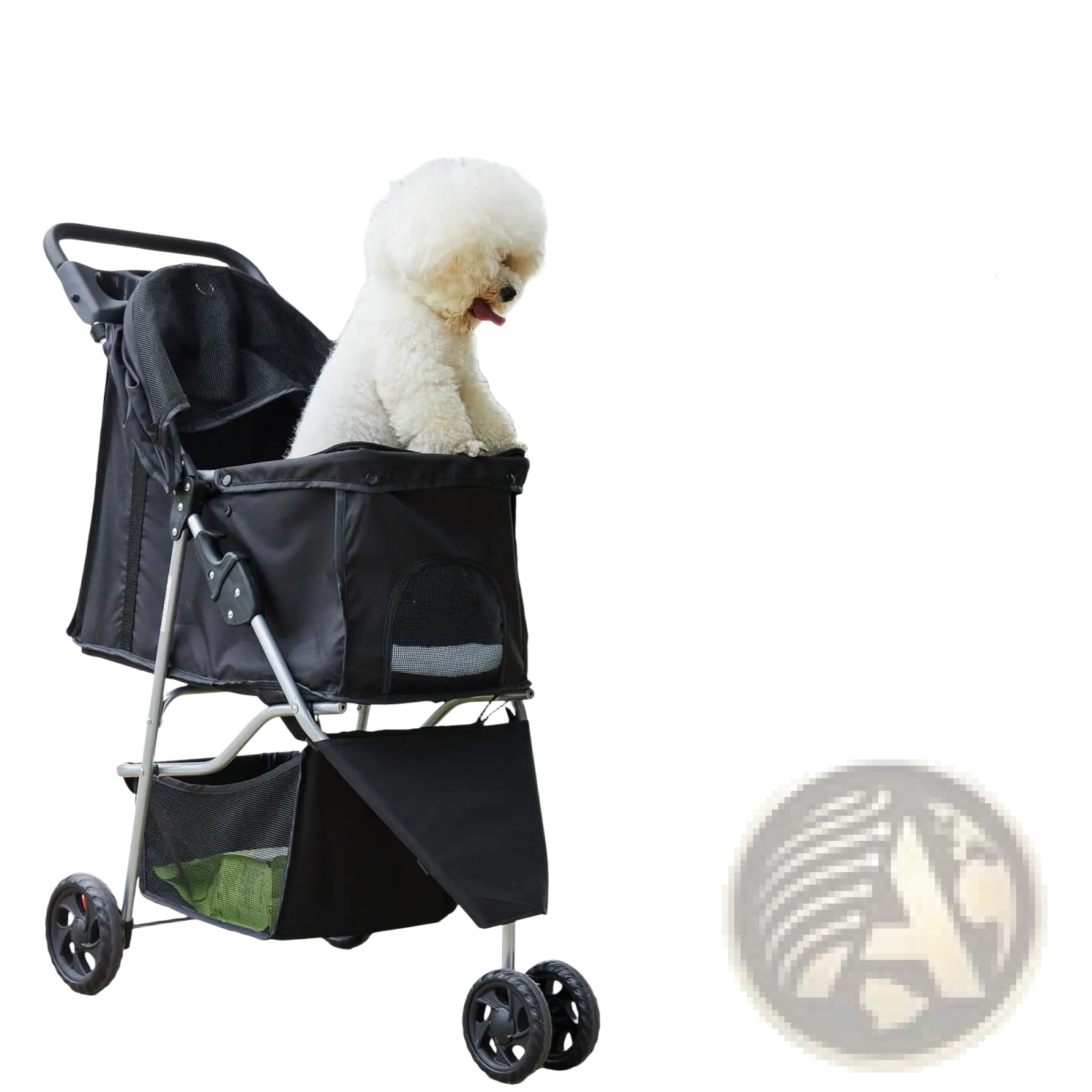 Black pet stroller with swivel wheels featuring a mesh window, soft cushion pad, and cup holder for convenience