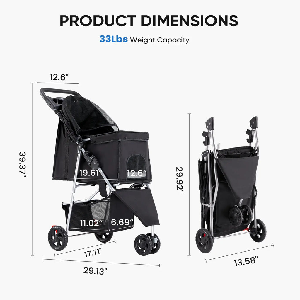 Black pet stroller with swivel wheels and cushion featuring silver frame and four wheels shown from the back side