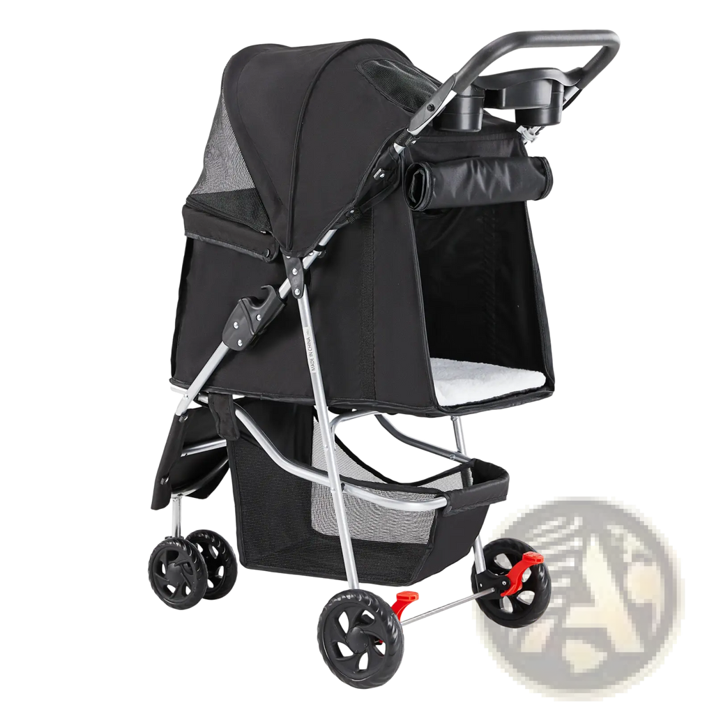 Black pet stroller with swivel wheels silver frame mesh sides and white cushioned interior for comfortable transport