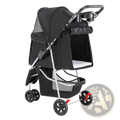Black pet stroller with swivel wheels silver frame mesh sides and white cushioned interior for comfortable transport