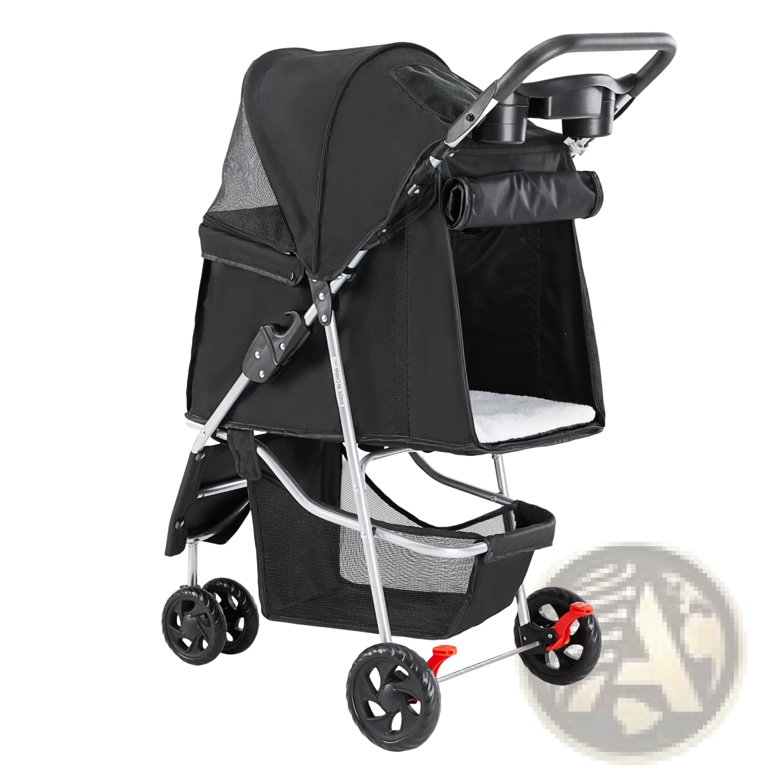 Black pet stroller with swivel wheels silver frame mesh sides and white cushioned interior for comfortable transport