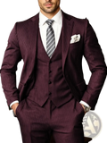 A tailored black pinstripe three-piece suit for men with matching vest and trousers in deep burgundy fabric