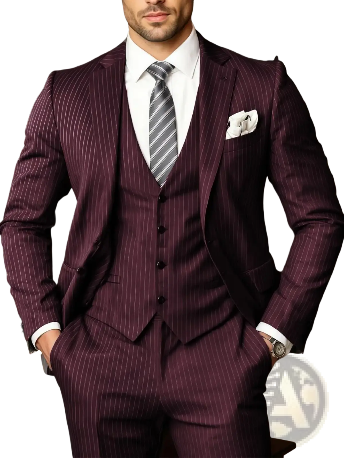 A tailored black pinstripe three-piece suit for men with matching vest and trousers in deep burgundy fabric