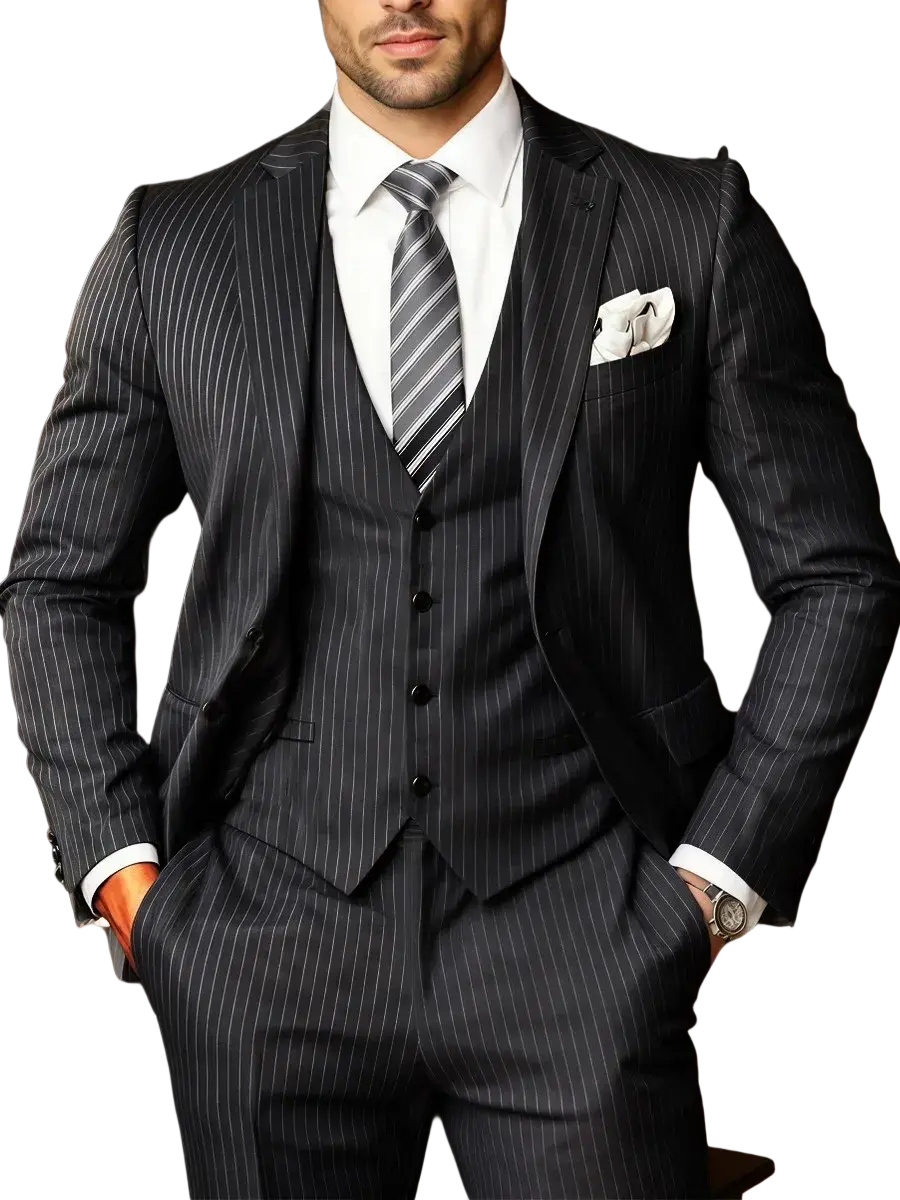 Black pinstripe three piece suit for men featuring a dark charcoal fabric with subtle vertical lighter gray stripes
