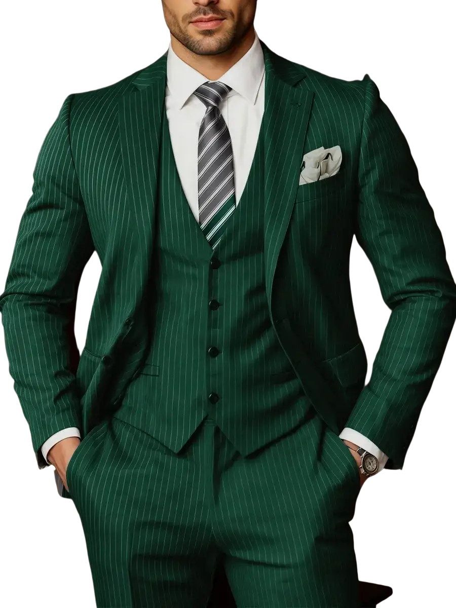 Emerald green pinstripe three-piece suit with matching vest and trousers in a black pinstripe 3 piece suit for men product