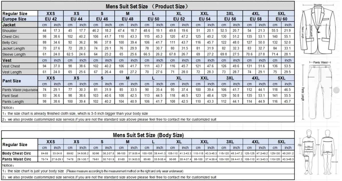 Mens black pinstripe 3 piece suit size chart with detailed measurements for jackets vests and pants across sizes