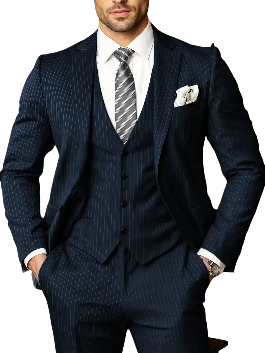 Navy blue pinstripe three-piece suit for men with white pocket square and striped tie in formal fabric design