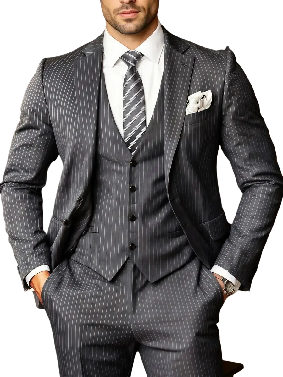 Black pinstripe three piece suit for men in charcoal gray with matching vest trousers white shirt and striped tie