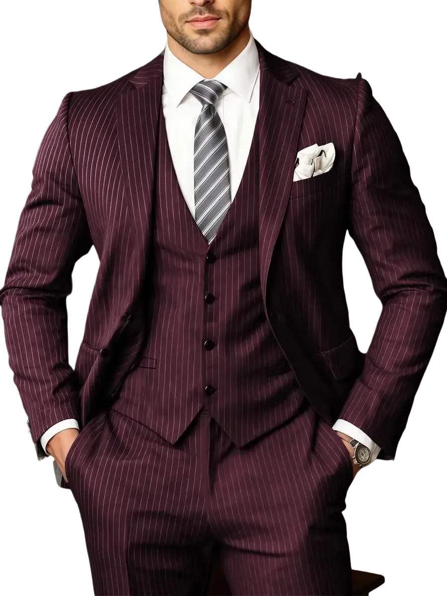 A tailored black pinstripe three-piece suit for men with matching vest and trousers in deep burgundy fabric