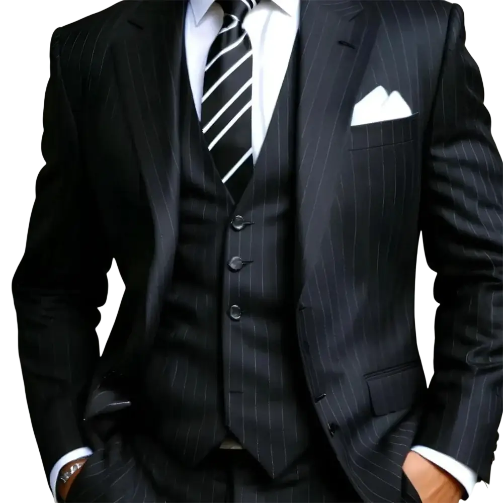 Black pinstripe three-piece suit for men featuring a matching vest and trousers with a white pocket square