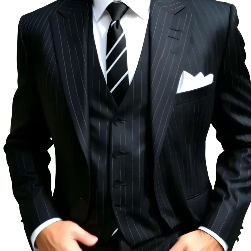 Black pinstripe three-piece suit for men featuring a white shirt and striped tie in a formal style