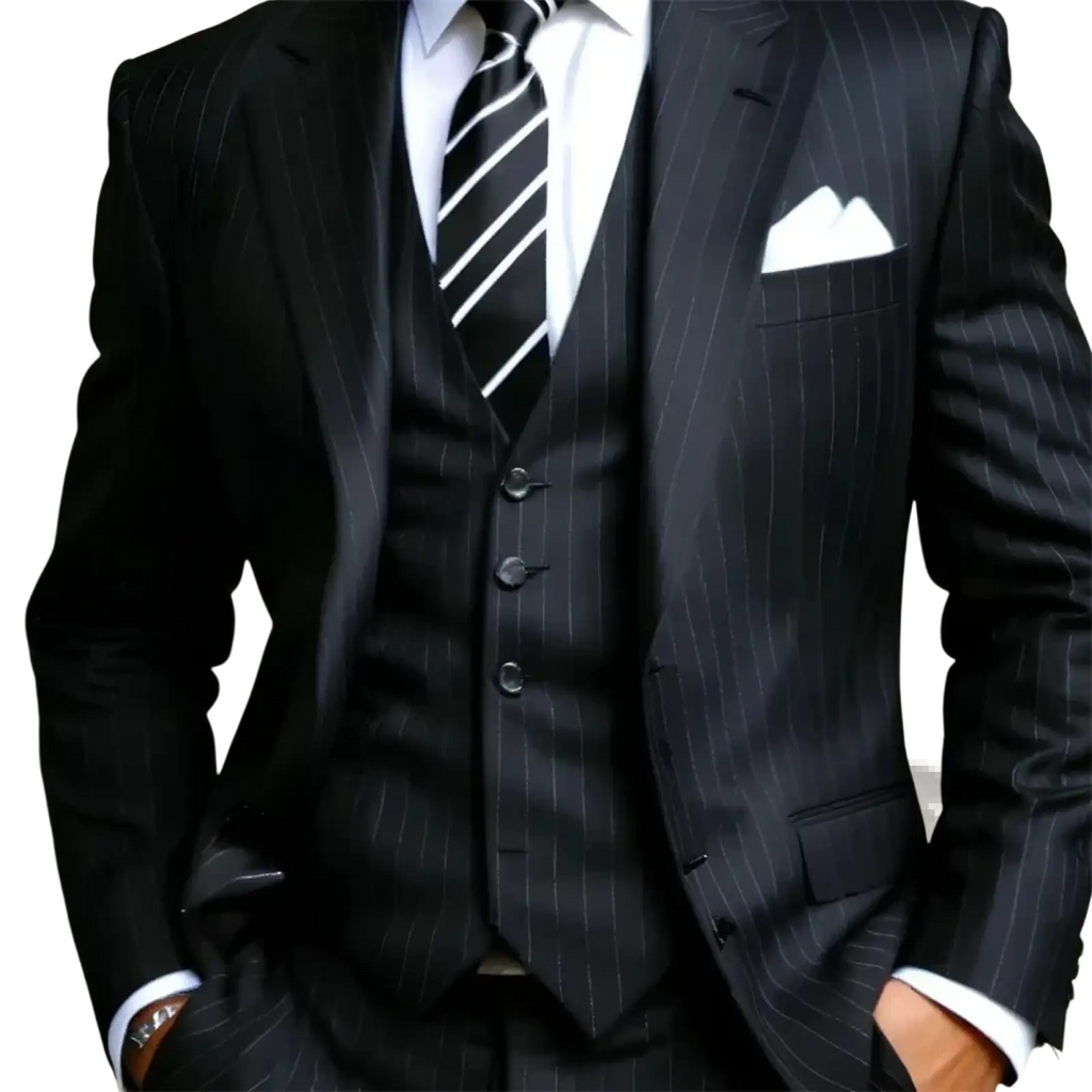 Black pinstripe three-piece suit for men featuring a matching vest and trousers with a white pocket square