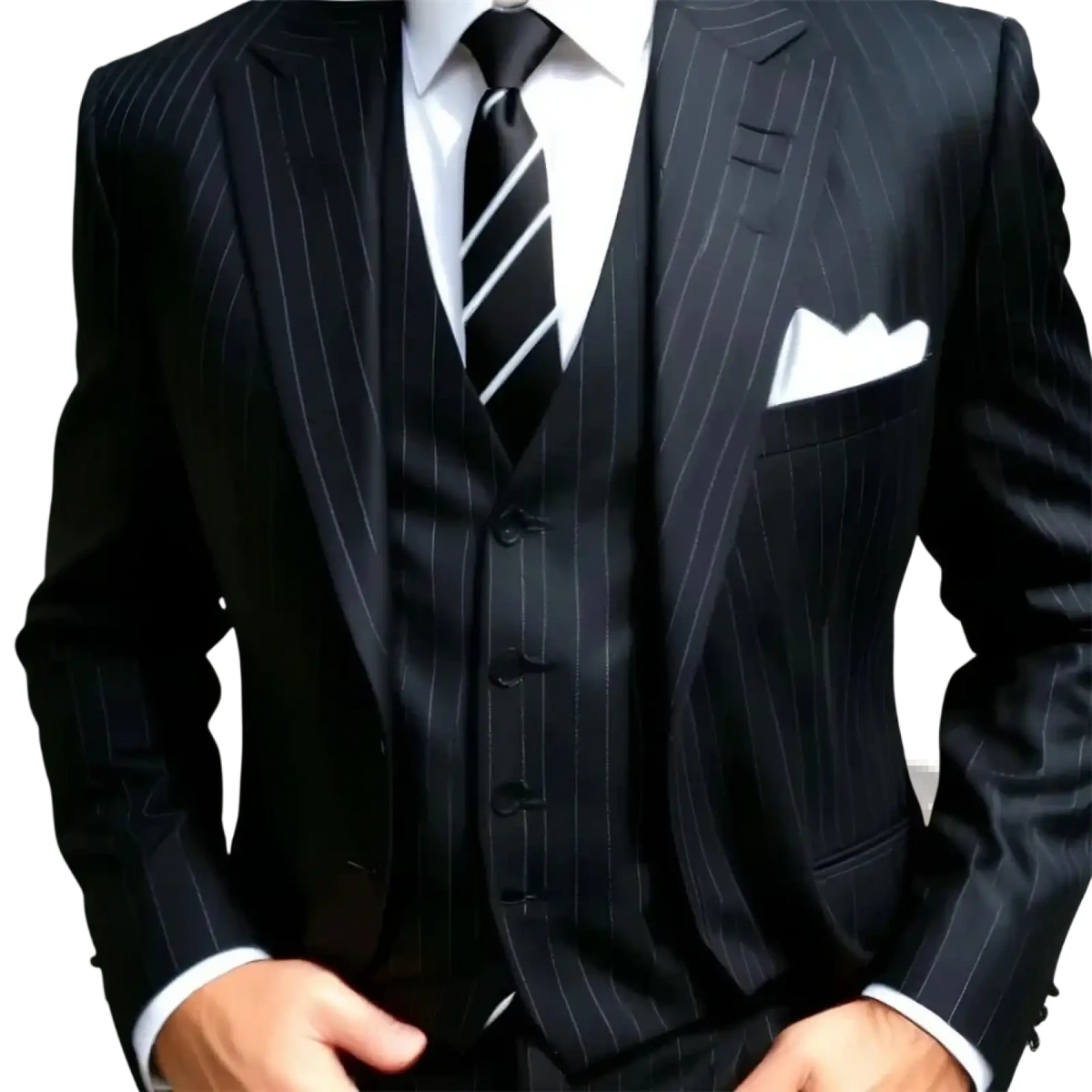 Black pinstripe three-piece suit for men with a white shirt and striped tie in formal business style