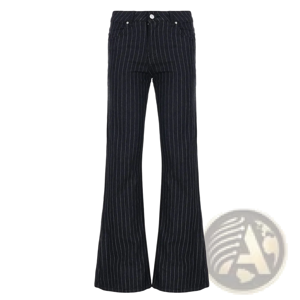 Black pinstripe flare jeans with white vertical stripes low waist denim classic five-pocket design