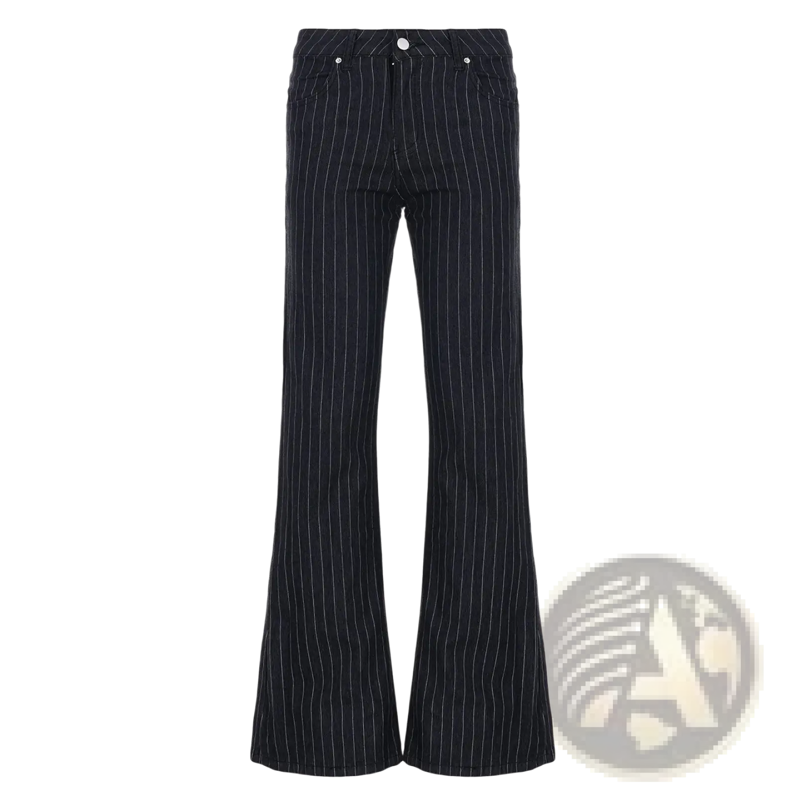 Black pinstripe flare jeans with white vertical stripes low waist denim classic five-pocket design