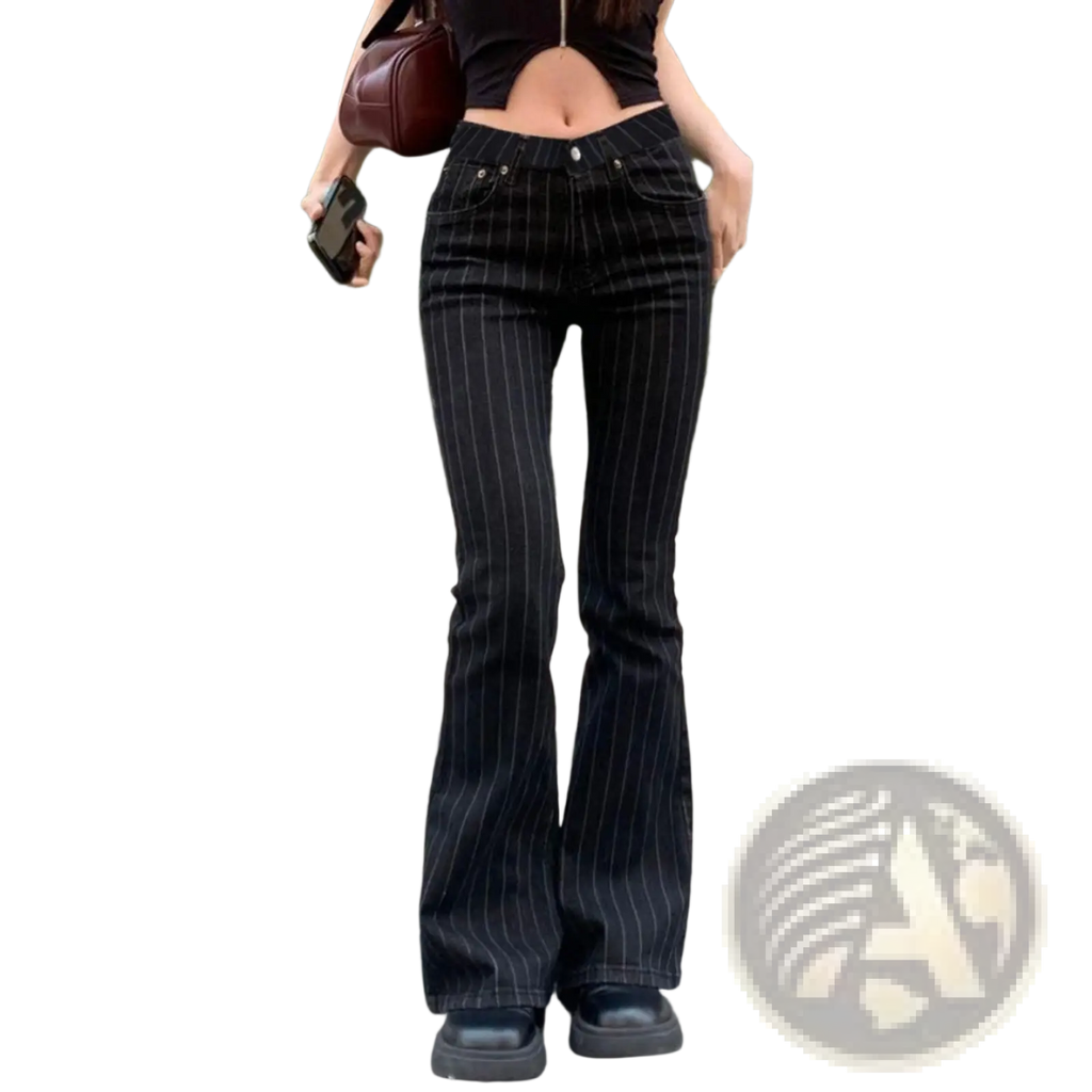 Black pinstripe flare jeans with low waist in classic denim material for stylish casual wear