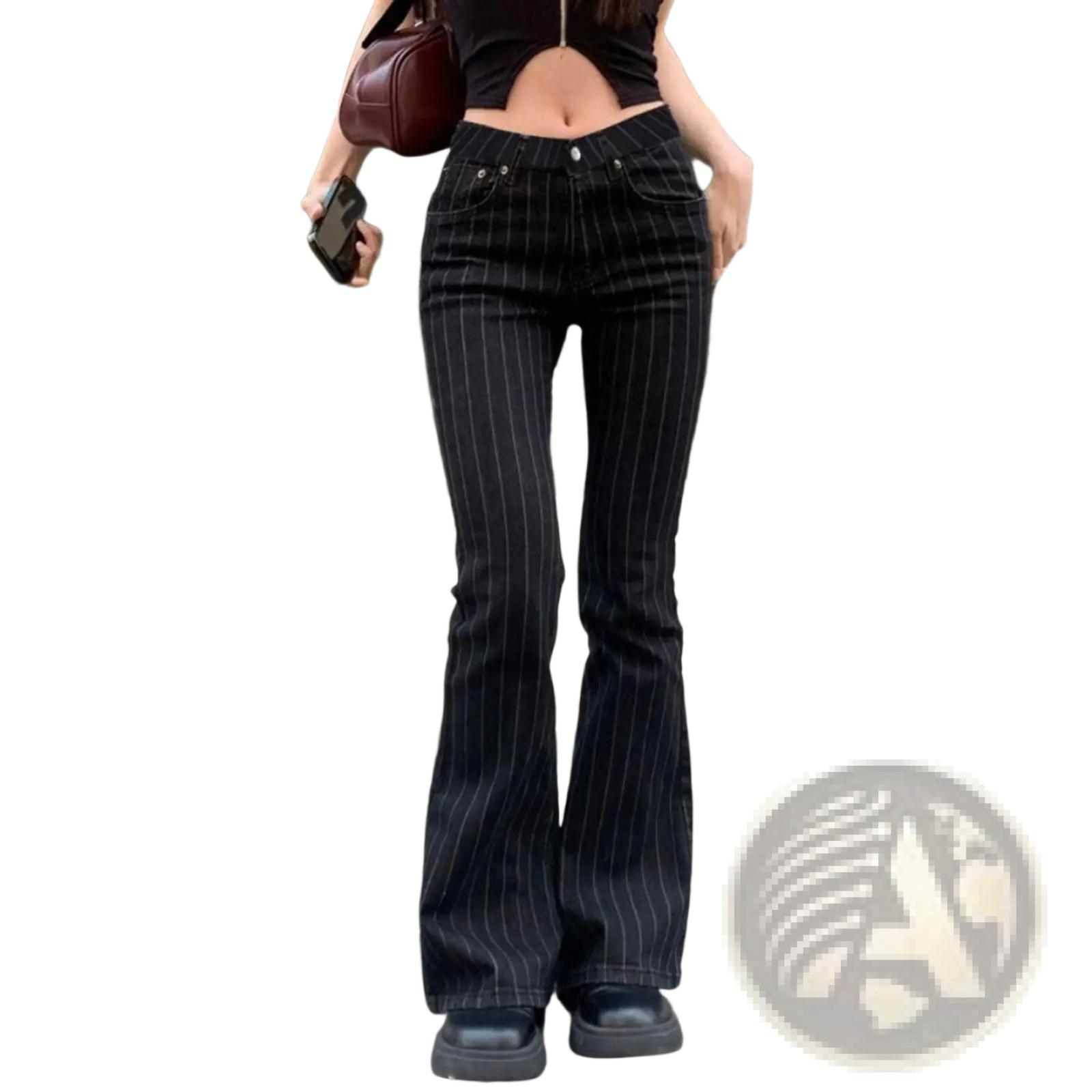Black pinstripe flare jeans with low waist in classic denim material for stylish casual wear