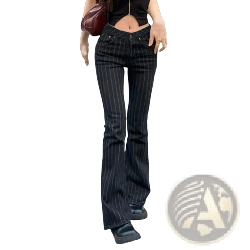 Black pinstripe flare jeans low waist denim featuring thin white pinstripes on black denim fabric