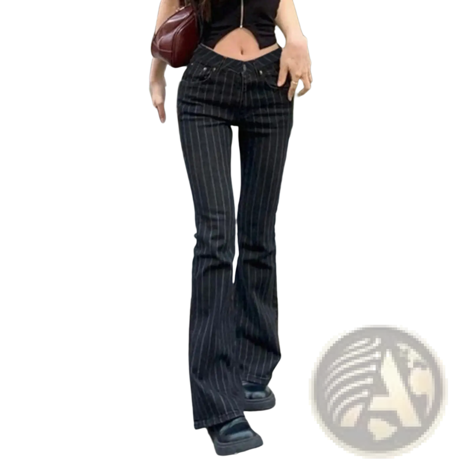 Black pinstripe flare jeans low waist denim featuring thin white pinstripes on black denim fabric