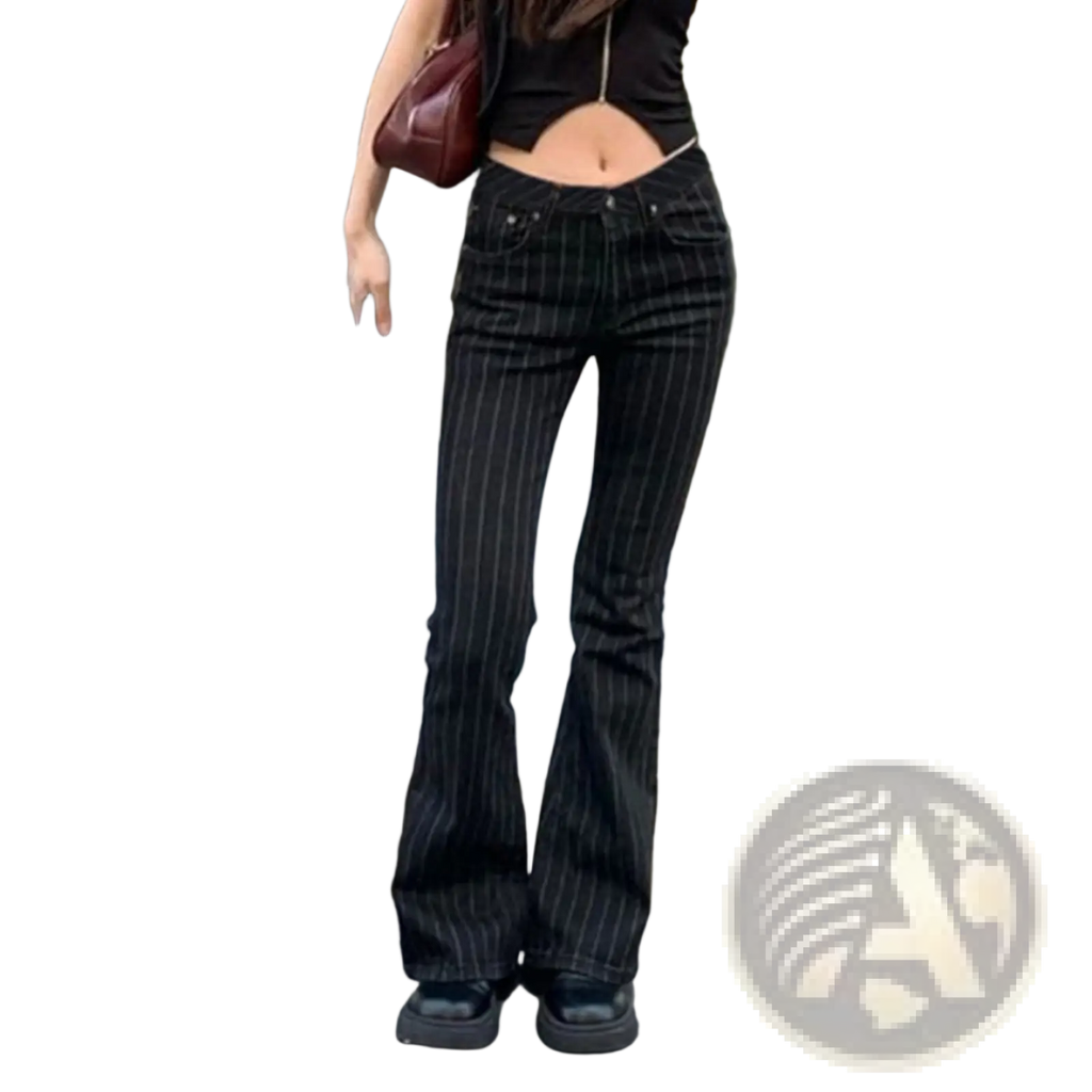 Black pinstripe flare jeans low waist denim featuring thin vertical pinstripes on black denim fabric