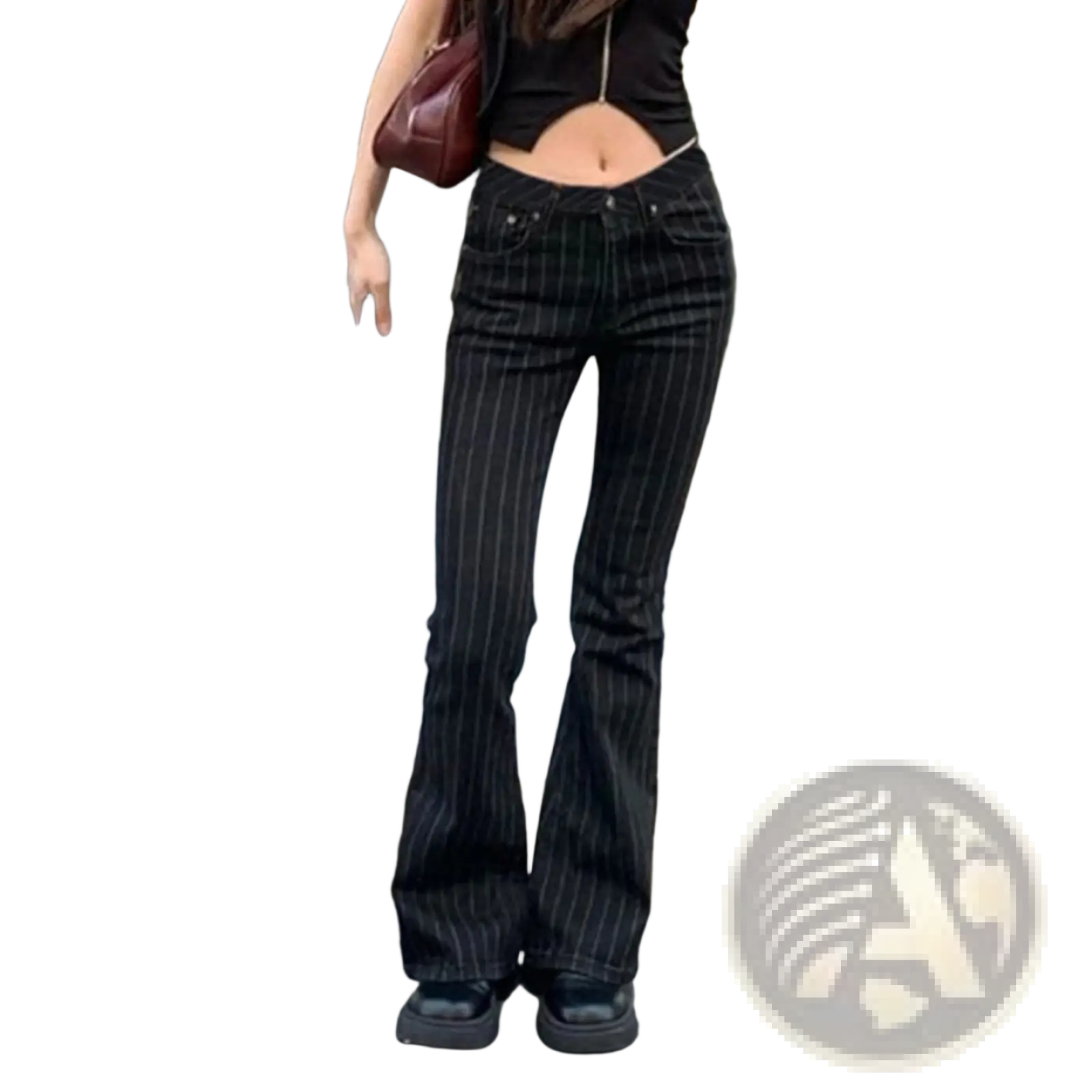 Black pinstripe flare jeans low waist denim featuring thin vertical pinstripes on black denim fabric