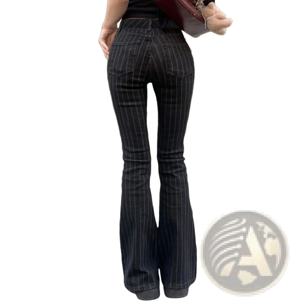 Black pinstripe flare jeans low waist denim featuring thin vertical pinstripes on black denim fabric