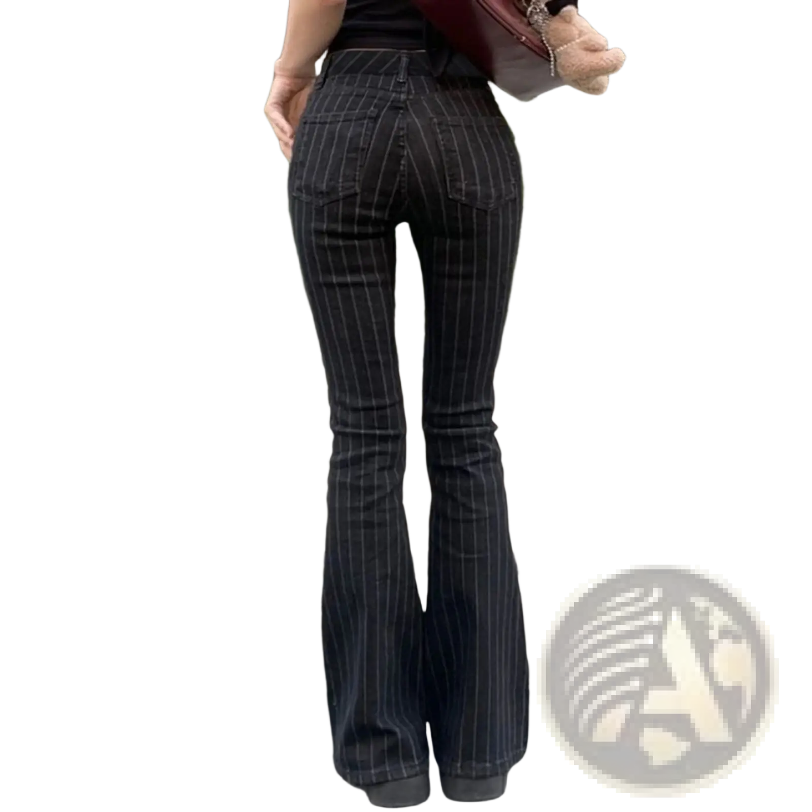 Black pinstripe flare jeans low waist denim featuring thin vertical pinstripes on black denim fabric