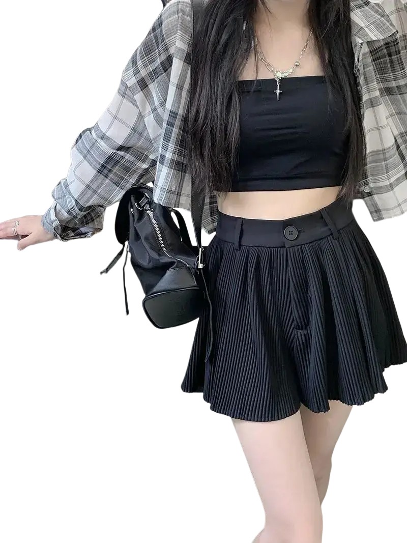 Black pleated high waist summer shorts with button closure designed for lightweight breathable comfort