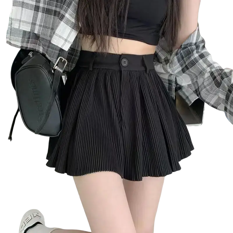Black pleated high waist summer shorts featuring a buttoned waistband and lightweight fabric for warm weather wear
