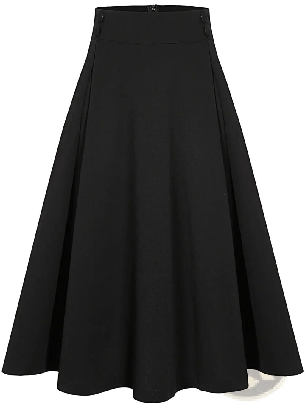 Black pleated high waist work skirt with smooth flowing fabric and subtle pleats in a-line silhouette