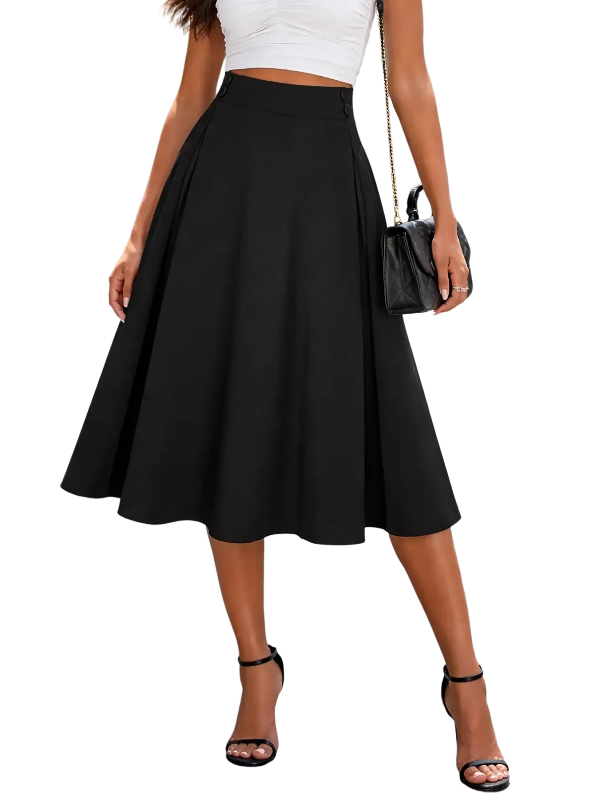 Black pleated high waist midi skirt made of lightweight fabric suitable for professional workwear