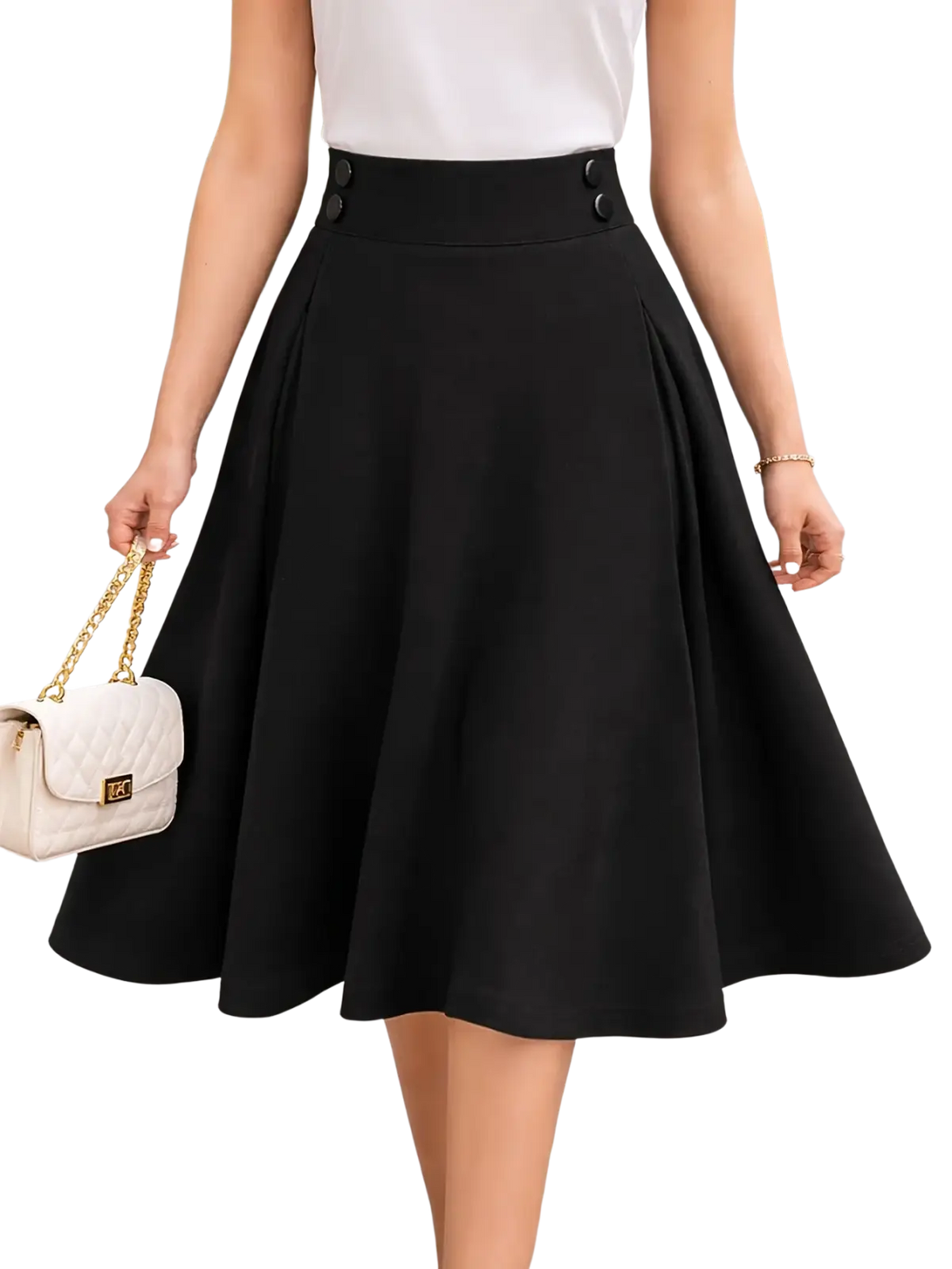 Black pleated high waist work skirt in fabric with two front buttons for a professional look