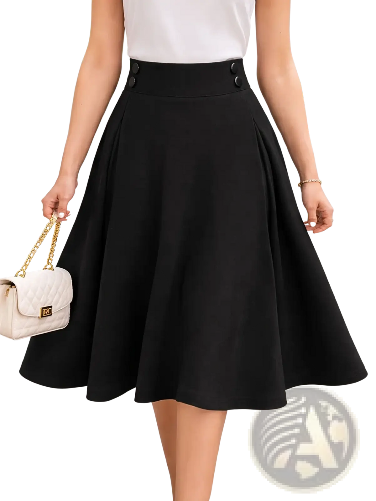 Black pleated high waist work skirt in fabric with two front buttons for a professional look