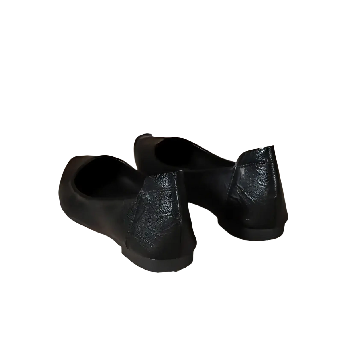 Black pointed toe leather office flats with a smooth glossy finish and subtle textured heel