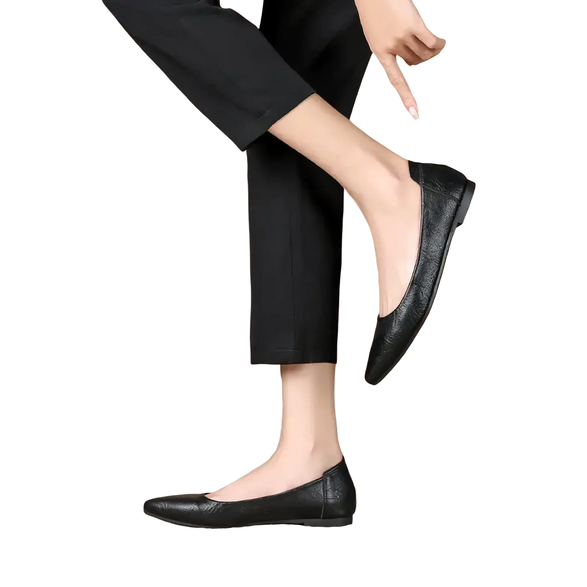 Black pointed toe leather office flats featuring a smooth finish and flat sole for comfortable professional wear