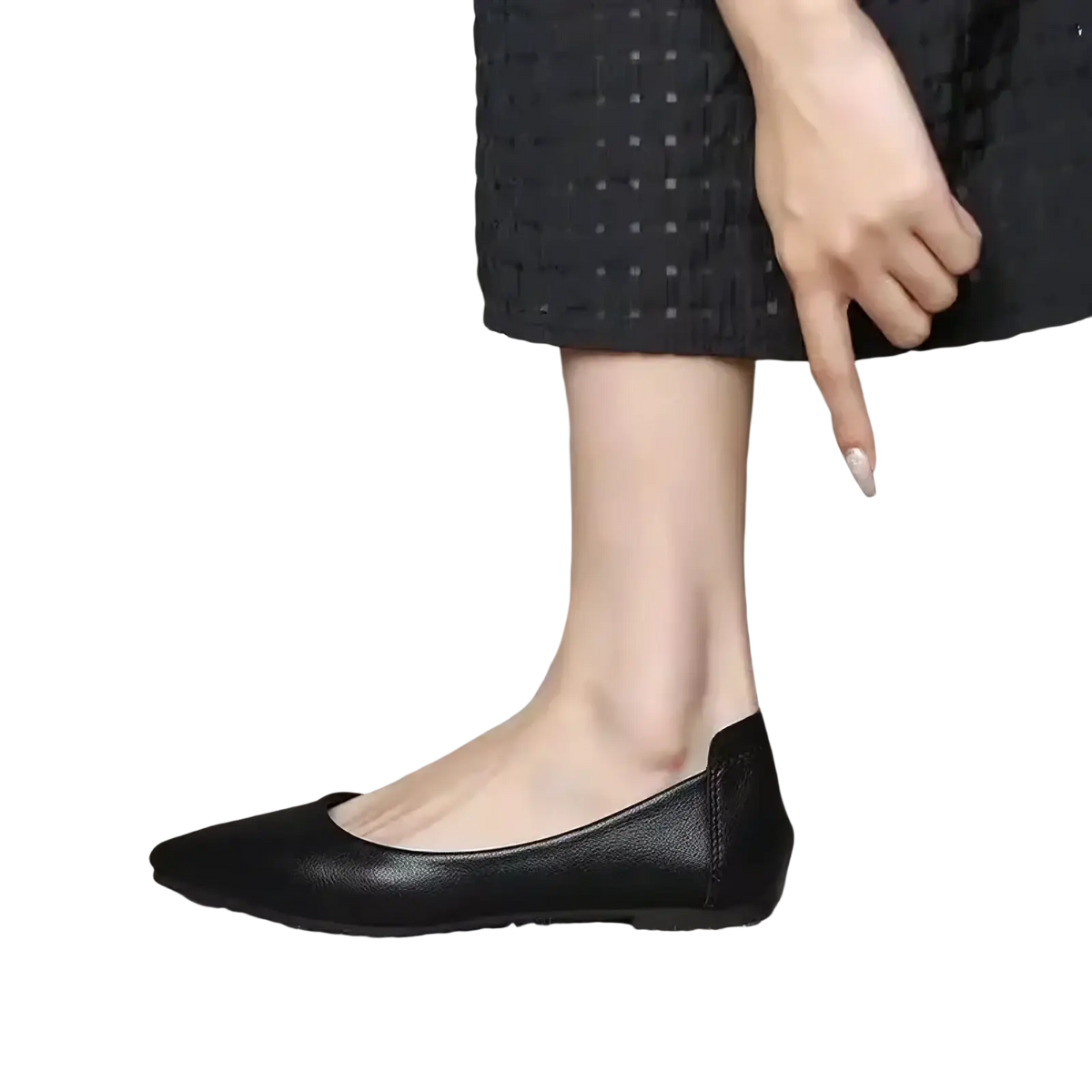 Black leather flat office shoes with pointed toe and low heel designed for professional wear