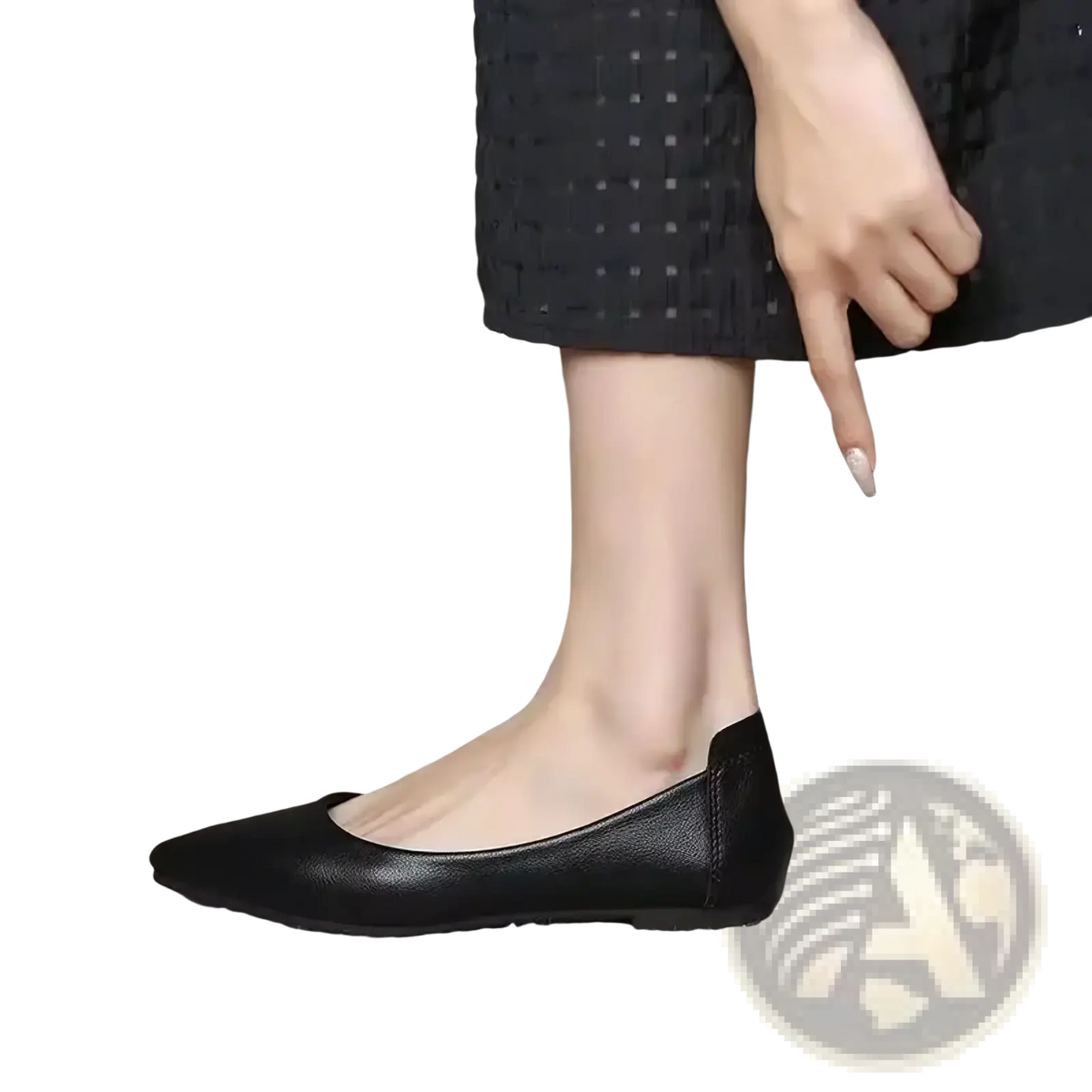 Black leather flat office shoes with pointed toe and low heel designed for professional wear