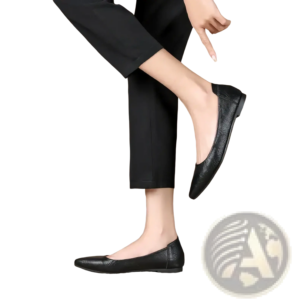 Black pointed toe leather office flats featuring a smooth finish and flat sole for comfortable professional wear