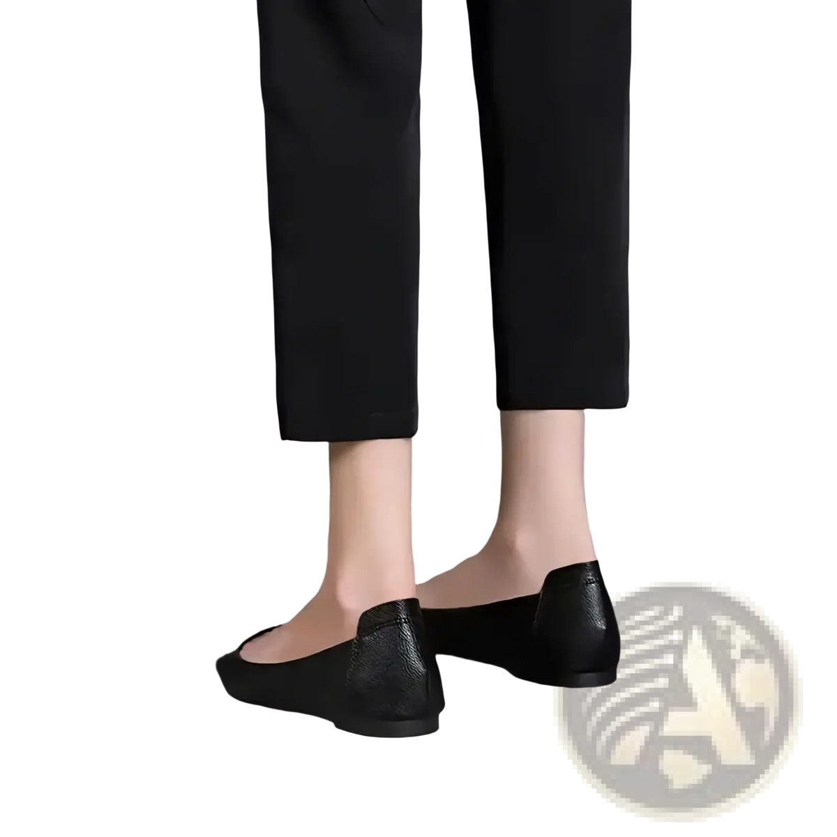Black leather flat shoes with subtle textured finish and rounded toe design ideal for office wear