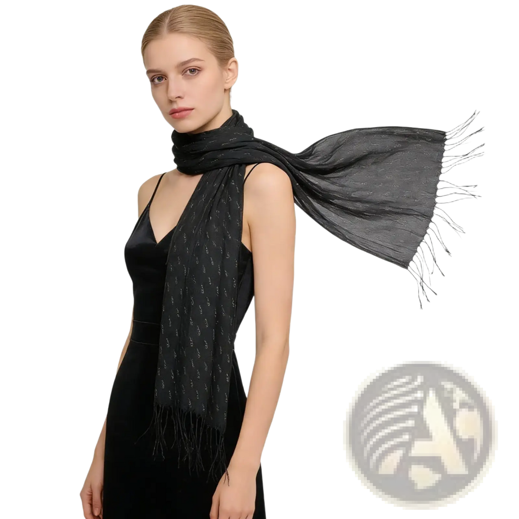 Black printed viscose scarf with subtle shimmering pattern and fringed edges elegant evening wrap