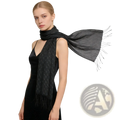 Black printed viscose scarf with subtle shimmering pattern and fringed edges elegant evening wrap