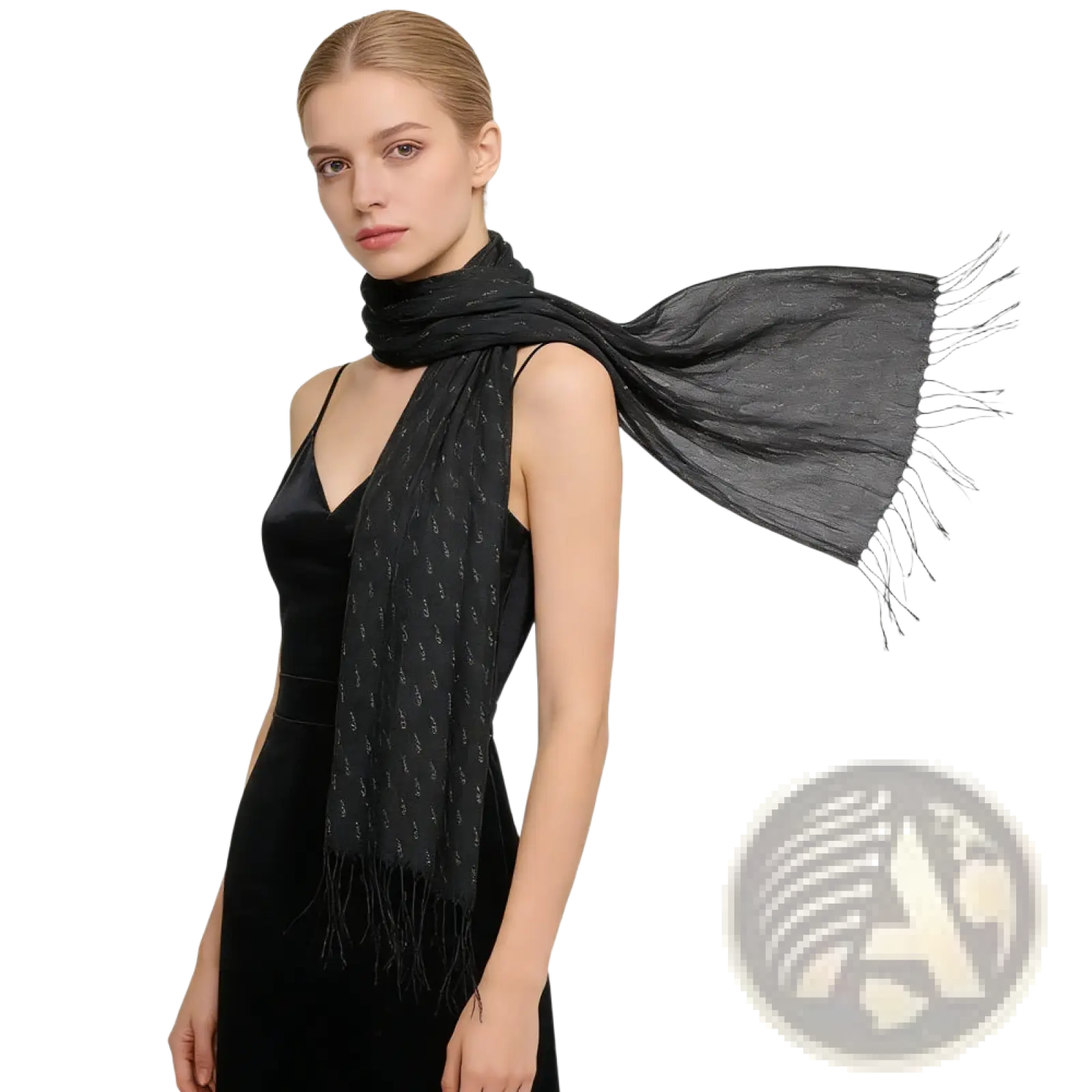 Black printed viscose scarf with subtle shimmering pattern and fringed edges elegant evening wrap