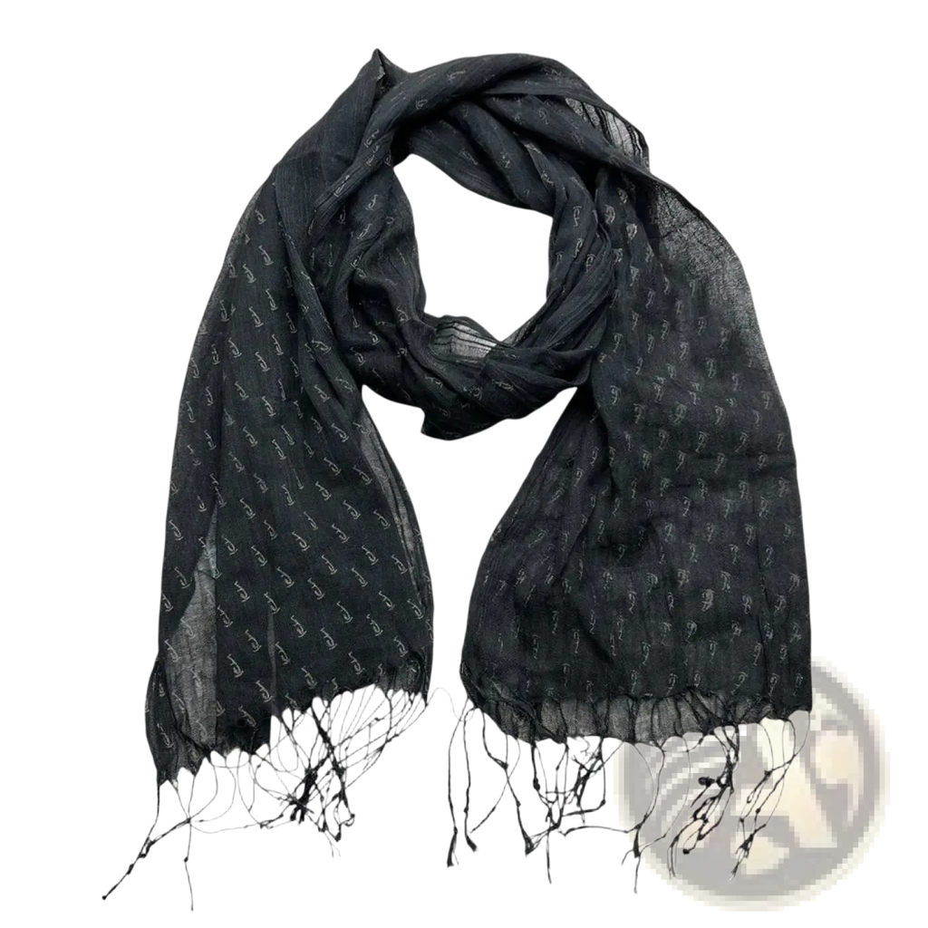 Black printed viscose scarf with subtle white symbols and delicate fringed edges elegant evening wrap