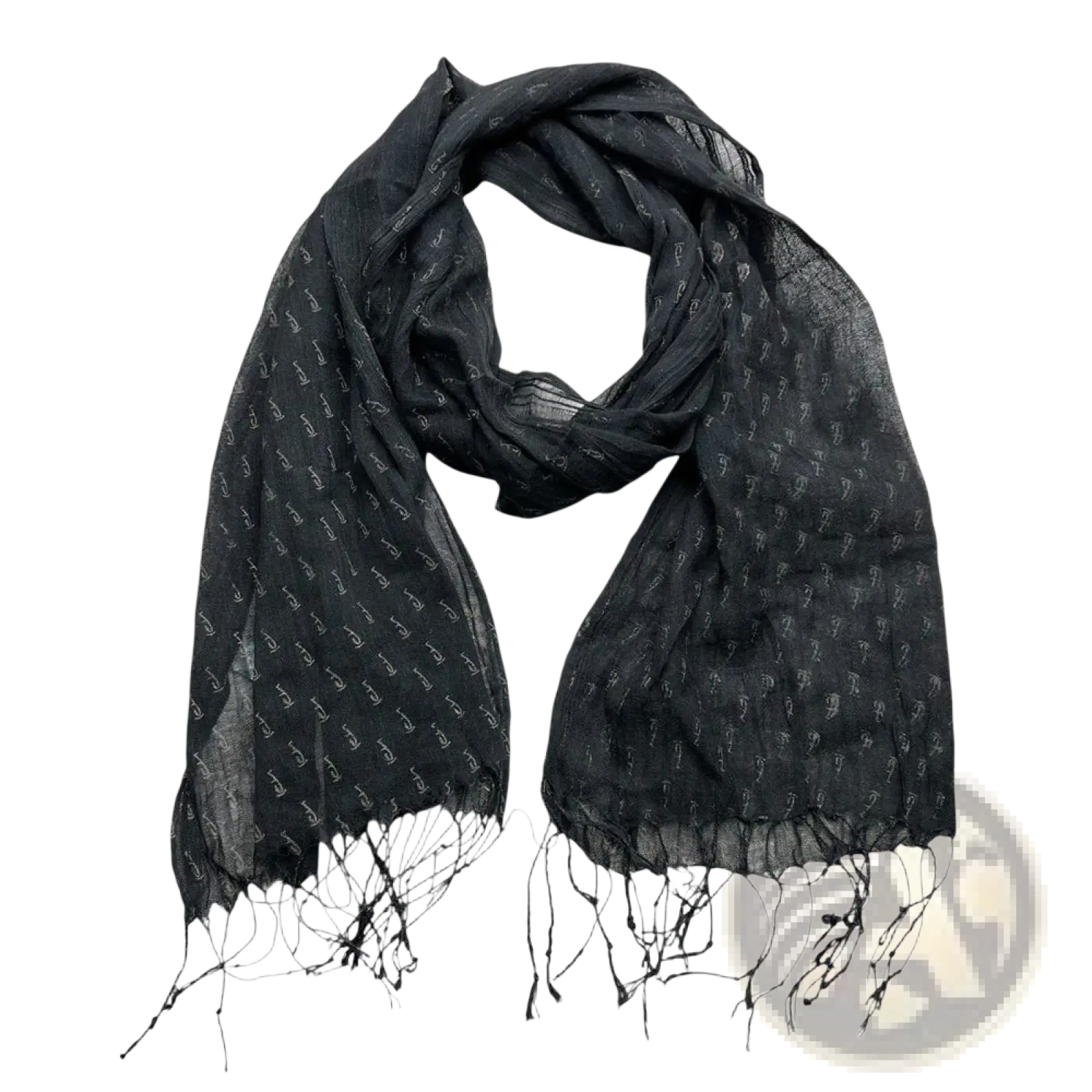 Black printed viscose scarf with subtle white symbols and delicate fringed edges elegant evening wrap