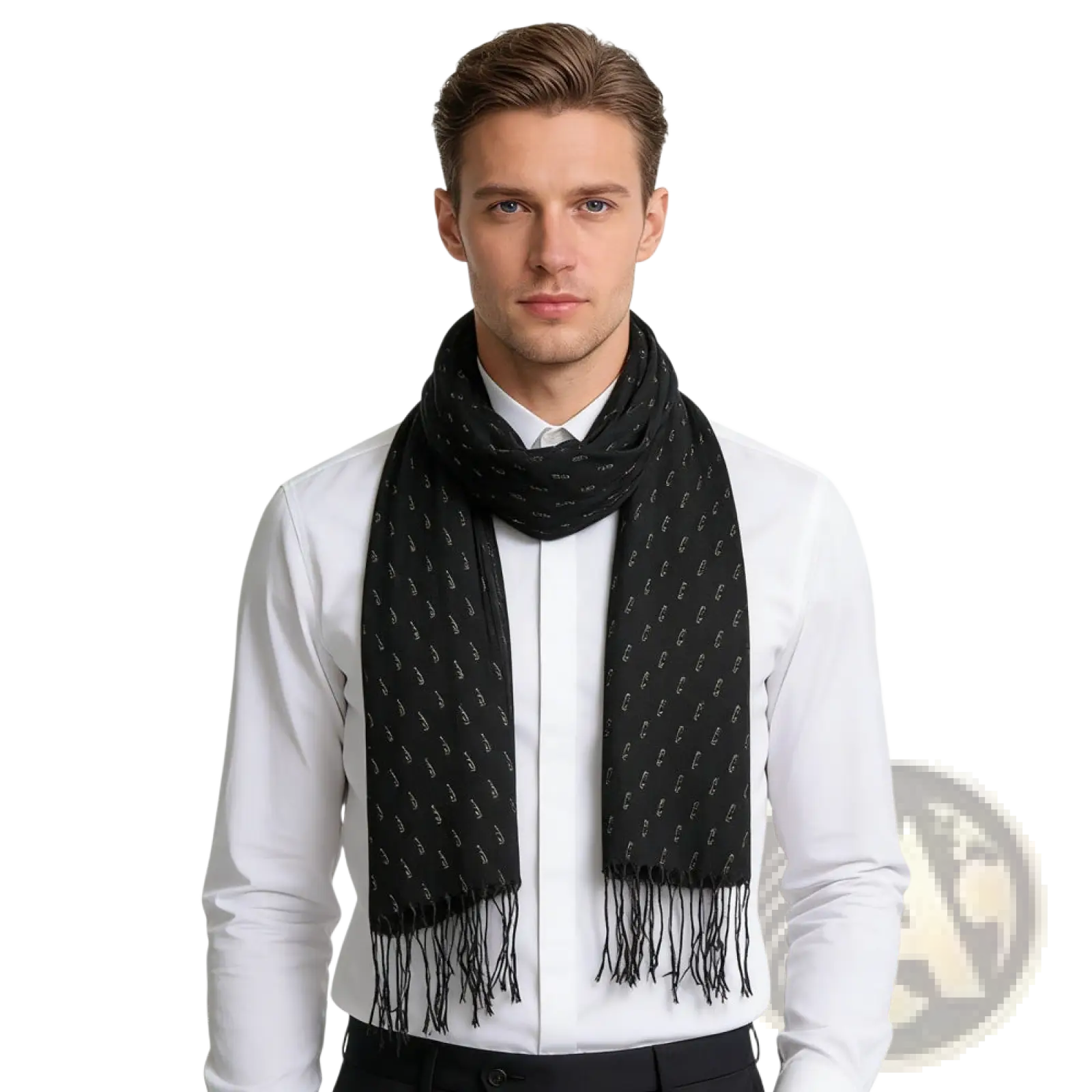Black printed viscose scarf with subtle silver logo pattern and fringed edges elegant evening wrap