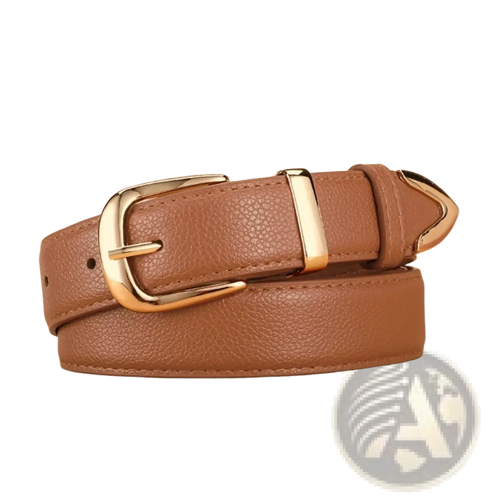 Tan textured leather belt with gold-toned buckle and matching metal tip in contrast to black PU leather belt gold buckle