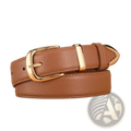 Tan textured leather belt with gold-toned buckle and matching metal tip in contrast to black PU leather belt gold buckle